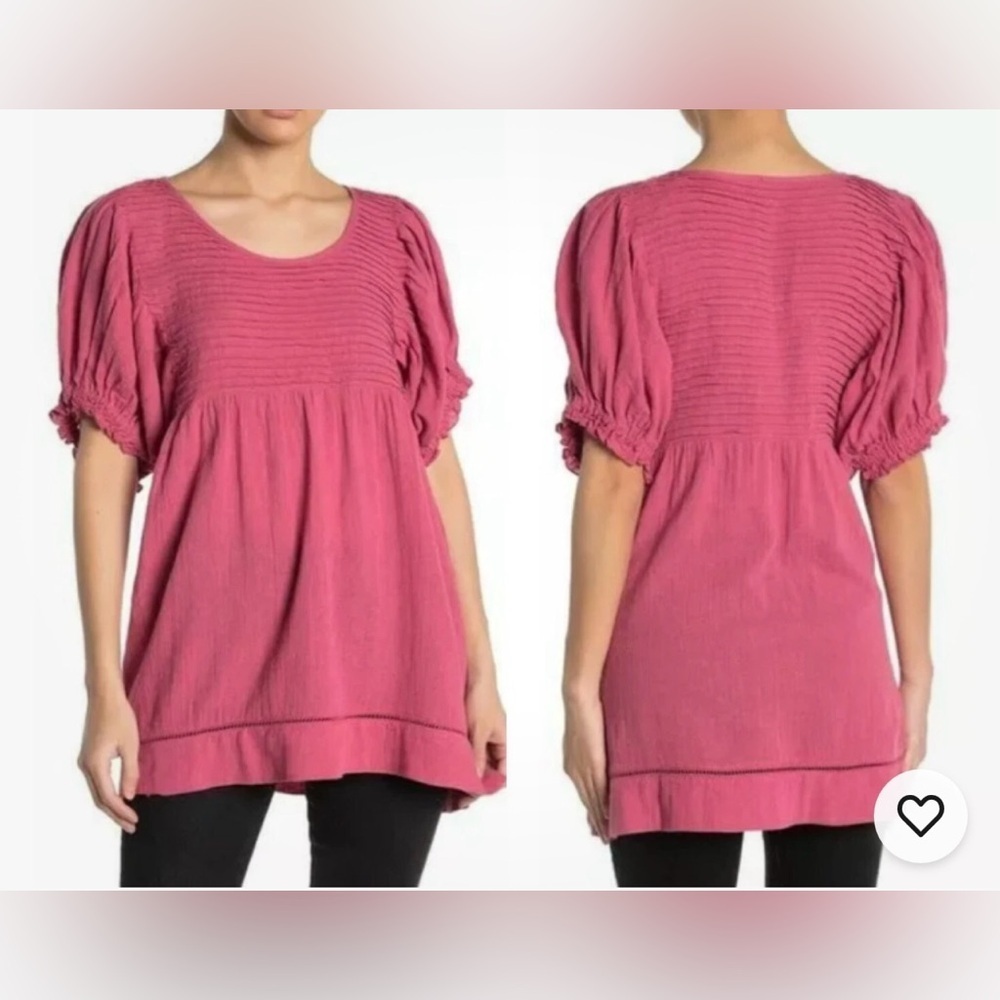 Free People Elsie Linen/Cotton Blend Pink Puff Sleeve Tunic Top Size Small